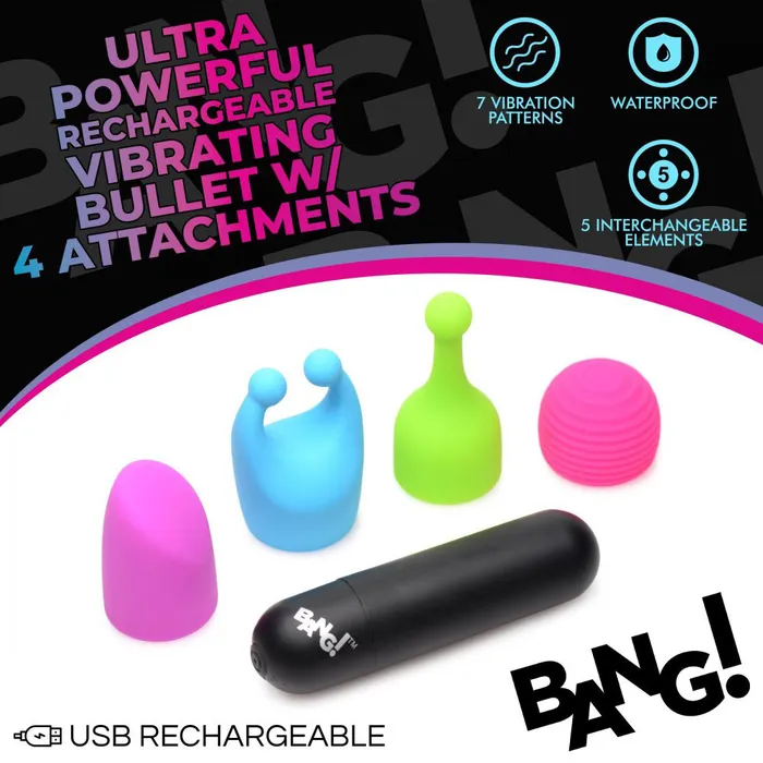 XR Brands Bang Female Sex Toys Bang Rechargeable Bullet With 4 Attachments XR Brands Bang Female Sex Toys Bang Rechargeable Bullet With 4 Attachments