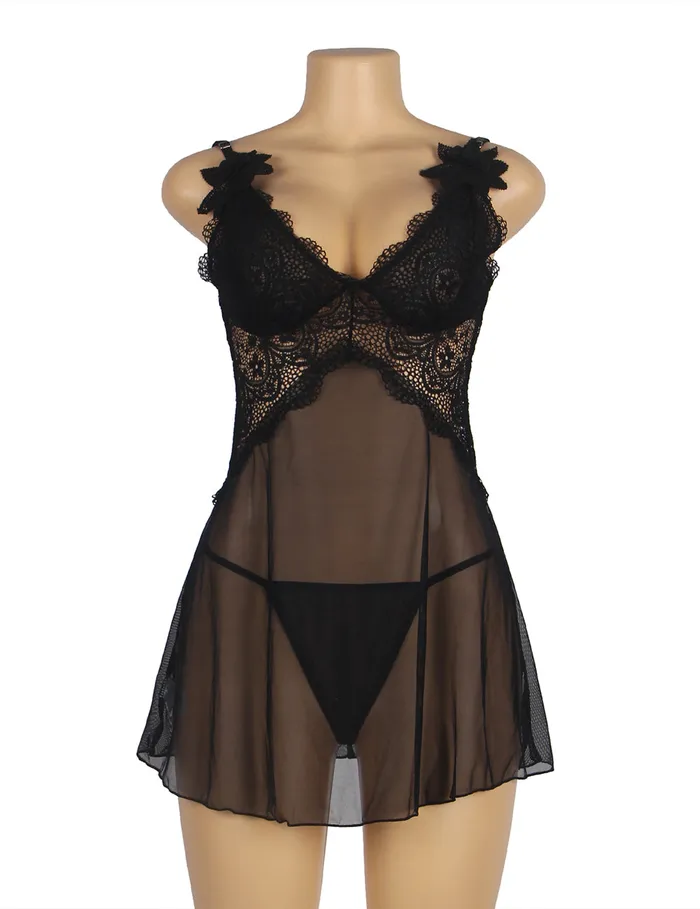 Female Sex Toys FRISKY BUSINESS SG Babydoll 2 Pcs V Neck Lace Stitching Strap with Flower Sleepwear