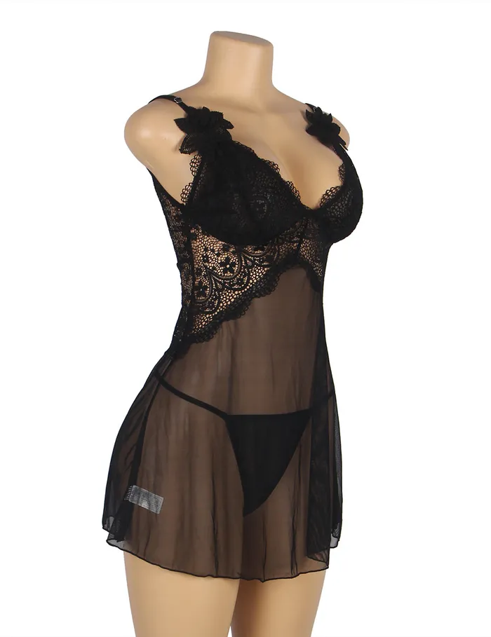 Female Sex Toys FRISKY BUSINESS SG Babydoll 2 Pcs V Neck Lace Stitching Strap with Flower Sleepwear