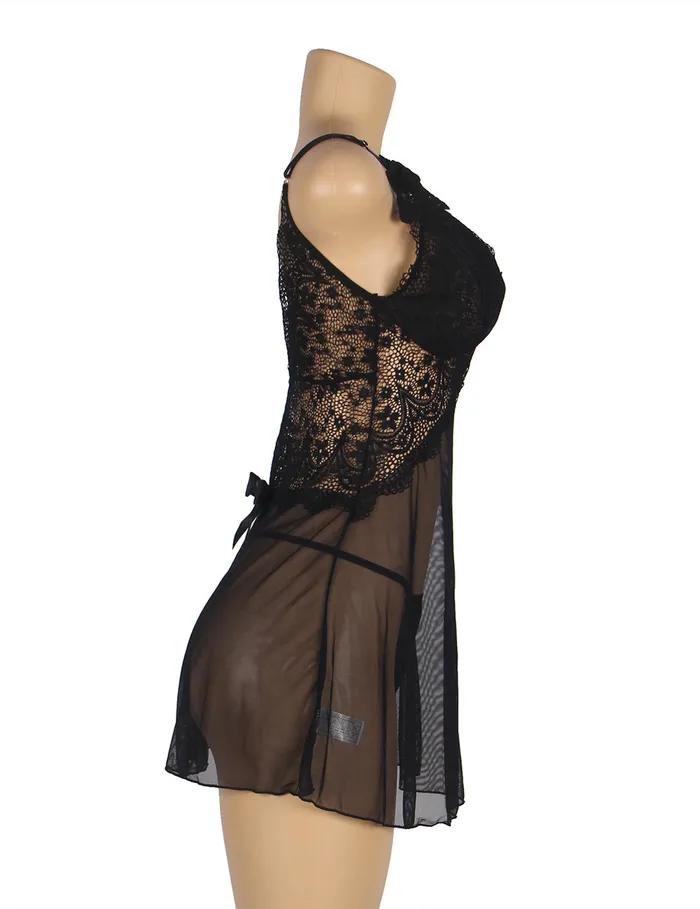 Female Sex Toys FRISKY BUSINESS SG Babydoll 2 Pcs V Neck Lace Stitching Strap with Flower Sleepwear