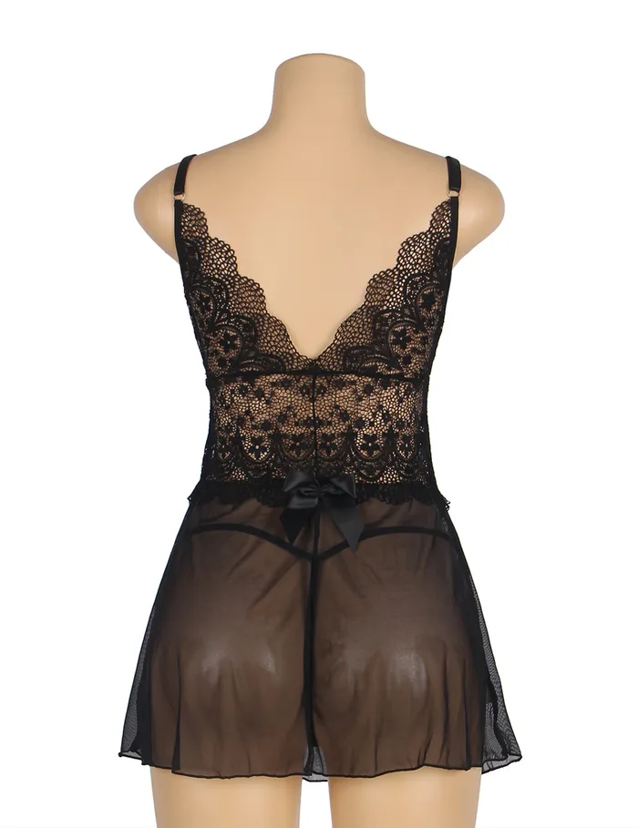Female Sex Toys FRISKY BUSINESS SG Babydoll 2 Pcs V Neck Lace Stitching Strap with Flower Sleepwear