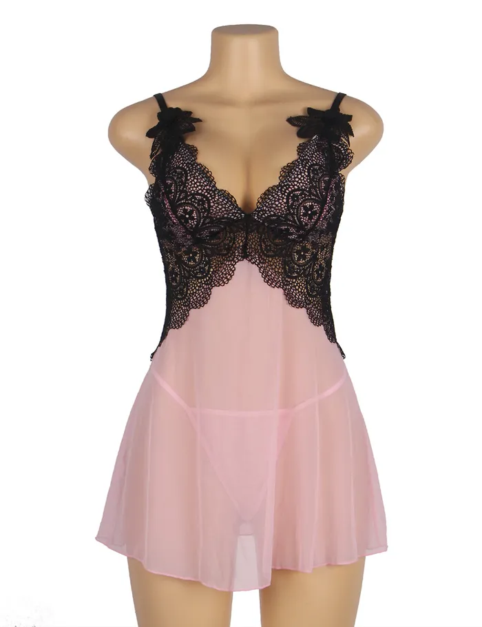 Female Sex Toys FRISKY BUSINESS SG Babydoll 2 Pcs V Neck Lace Stitching Strap with Flower Sleepwear