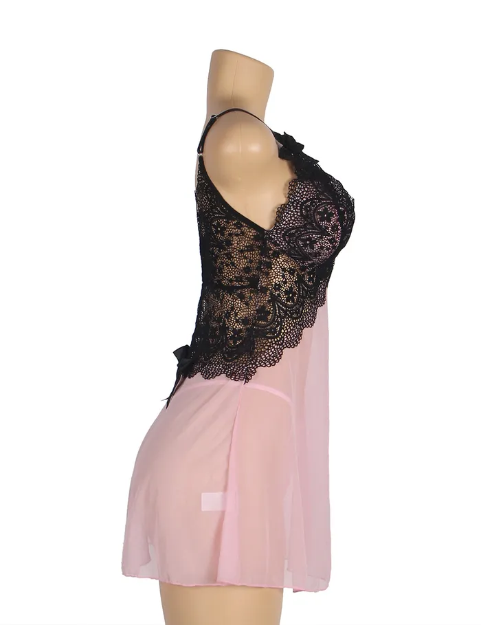 Female Sex Toys FRISKY BUSINESS SG Babydoll 2 Pcs V Neck Lace Stitching Strap with Flower Sleepwear